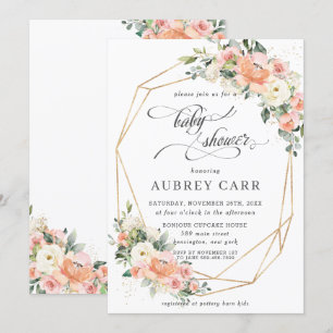 Chic Peach Ivory Pink Floral Baby Shower Geometric Invitation