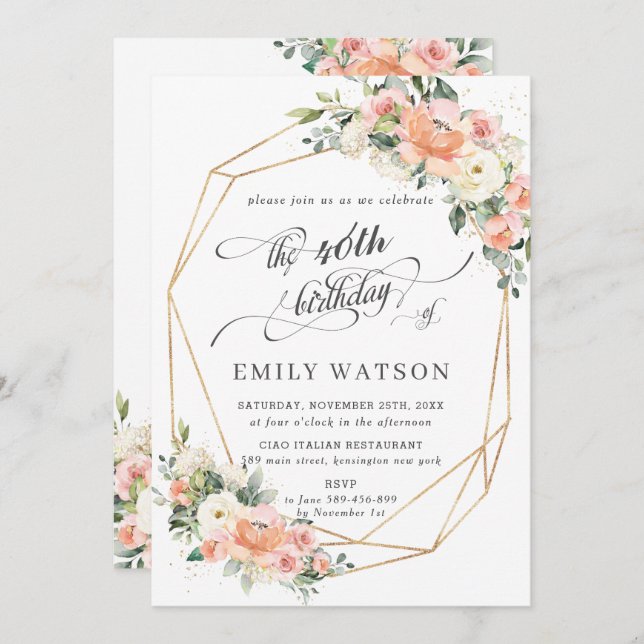 Chic Peach Ivory Pink Floral Birthday Geometric Invitation (Front/Back)
