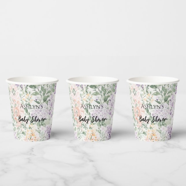 Chic Peach Lilac Lavender Floral Baby Shower Paper Cups (Multi)
