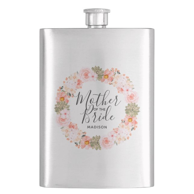 Chic Peach Mint Floral Wreath Mother of the Bride Hip Flask (Front)