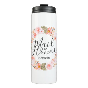 Chic Peach Mint Modern Floral Wreath Maid of Honou Thermal Tumbler