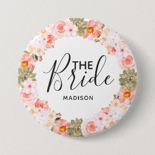 Chic Peach Mint Modern Succulent Wreath the Bride 7.5 Cm Round Badge