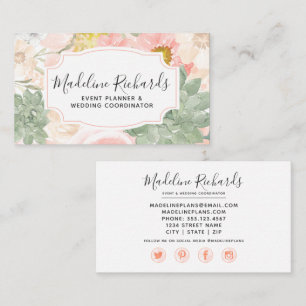 Chic Peach Mint Succulents with Social Media Icons Business Card