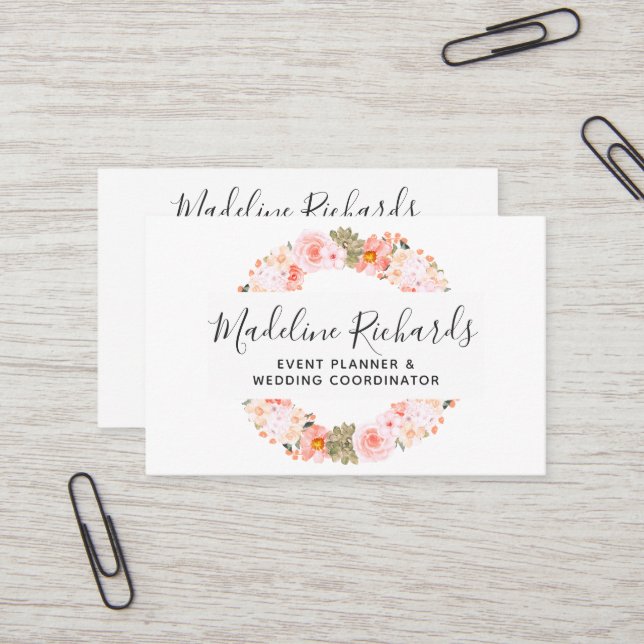Chic Peach Mint Succulents with Social Media Icons Business Card (Front/Back In Situ)