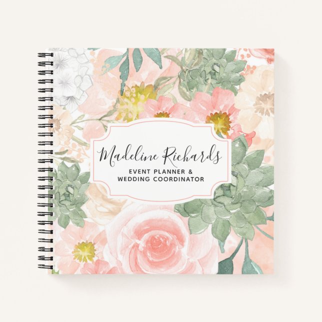 Chic Peach & Mint Watercolor Floral & Succulents Notebook (Front)