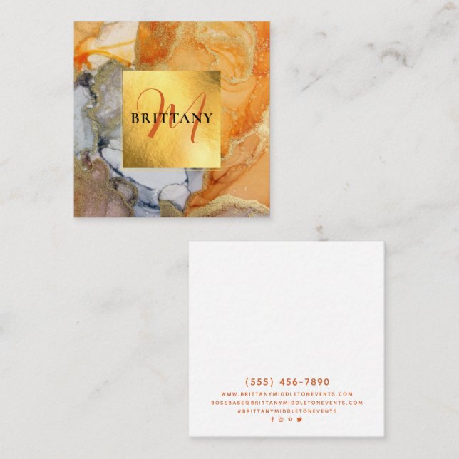 Chic Peach Orange Grey Square Business Card (Front/Back)