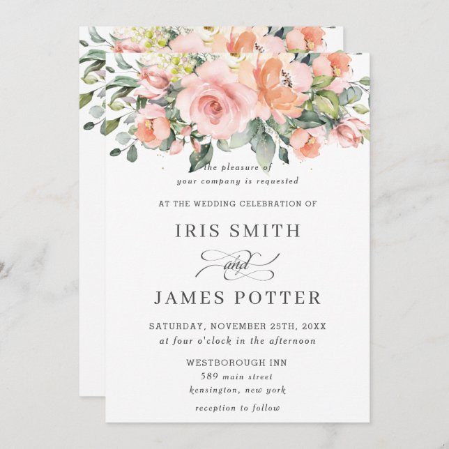 Chic Peach Orange Pink Floral  Greenery Wedding Invitation (Front/Back)