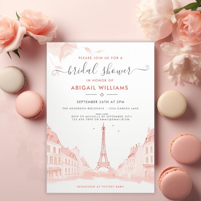 Chic Peach Pink Photo Eiffel Tower Bridal Shower Invitation (Front - Chic Peach Pink Photo Eiffel Tower Bridal Shower Invitation)