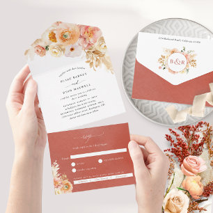 Chic Peach Rust Orange Floral Wedding with RSVP All In One Invitation