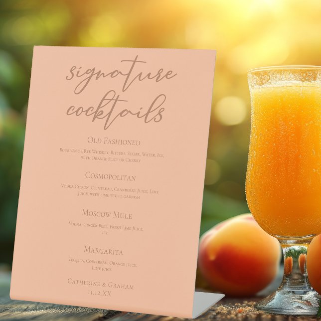 Chic Peach Summer Wedding Signature Cocktails Menu Pedestal Sign (Creator Uploaded)