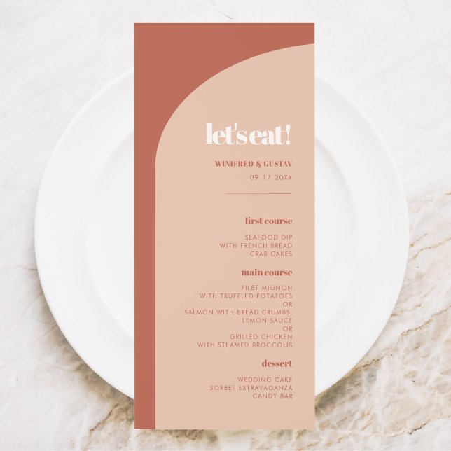 Chic peach terracotta arch Let's eat wedding Menu (Creator Uploaded)
