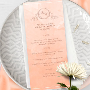 Chic Peach Watercolor, Monogram Wedding Menu