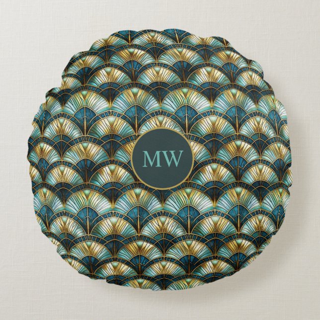 Chic Peacock Colour Stained Glass Decoupage Round Cushion (Front)