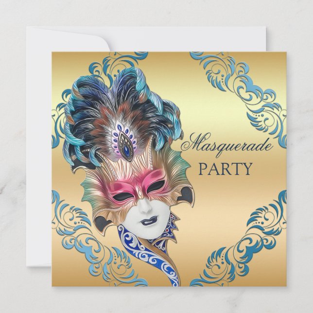 Chic Peacock Feathers Mask Masquerade Party Invitation (Front)