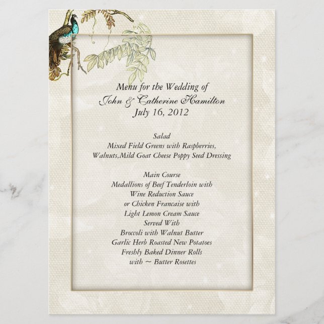 Chic Peacock Wedding Menus (Front)
