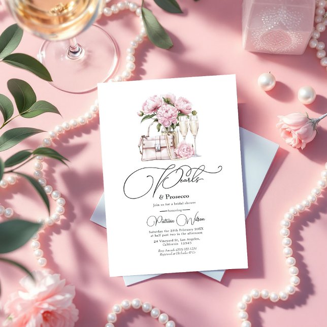 Chic Pearls and Prosecco Pink Floral Bridal Shower Invitation (Chic Pearls and Prosecco Pink Floral Bridal Shower Invitation)