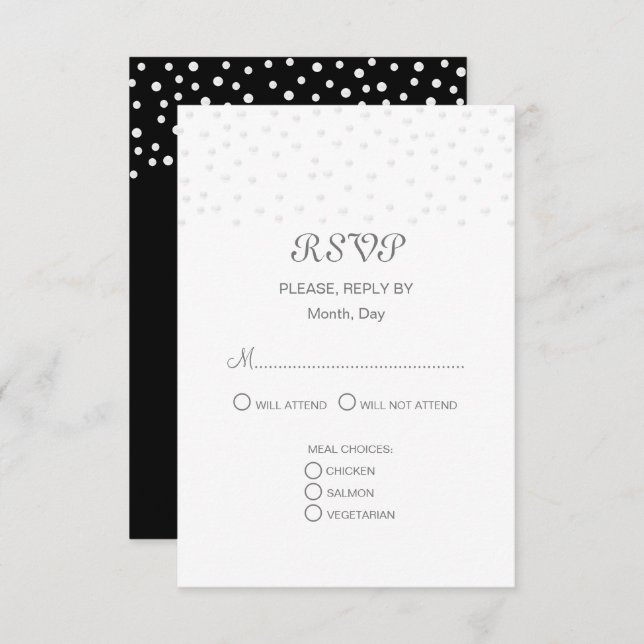 Chic Pearls on Black & White Wedding  RSVP Card (Front/Back)