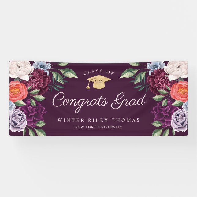 Chic Peonies Rose Floral Graduate Graduation Party Banner (Horizontal)