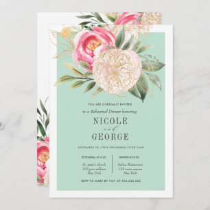 Chic Peony Gold Flower Wedding Rehearsal Dinner Invitation