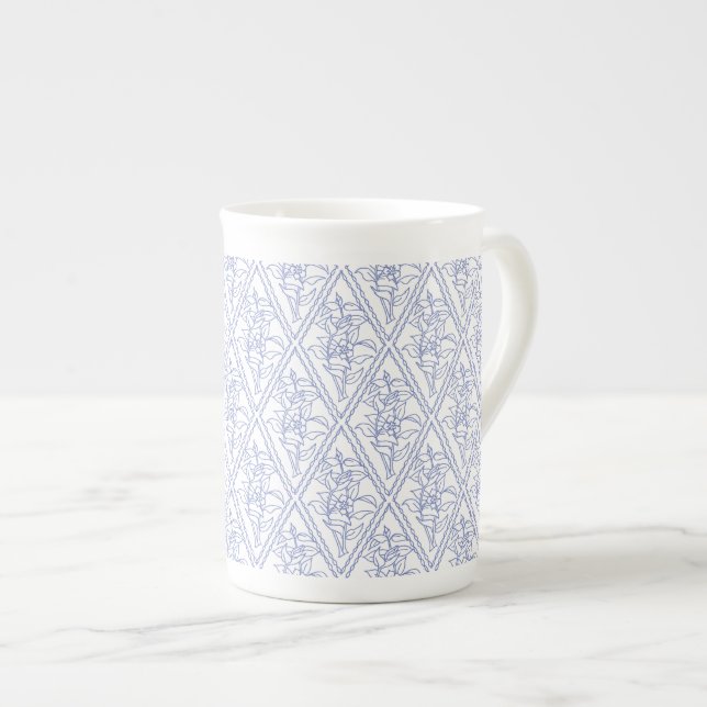 Chic Periwinkle Blue White Floral Diamond Pattern Bone China Mug (Front Right)