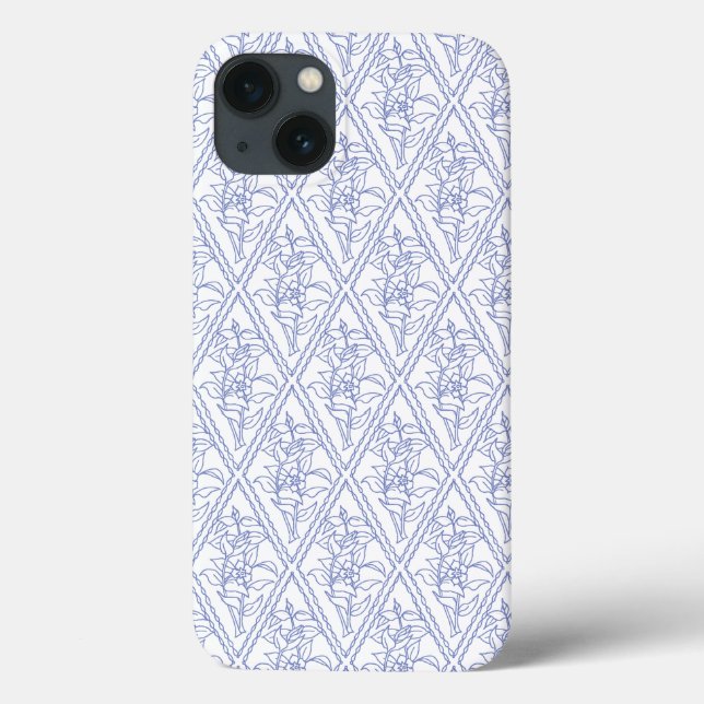 Chic Periwinkle Blue White Floral Diamond Pattern Case-Mate iPhone Case (Back)