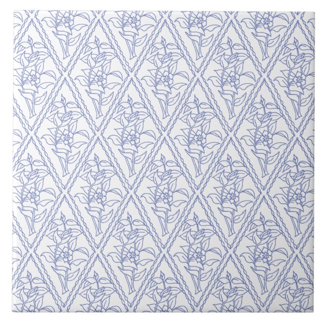 Chic Periwinkle Blue White Floral Diamond Pattern Ceramic Tile (Front)