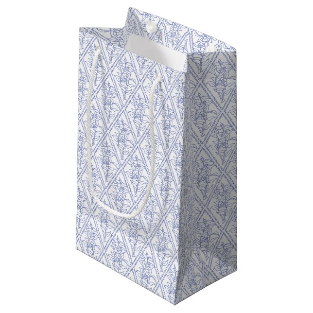 Chic Periwinkle Blue White Floral Diamond Pattern Small Gift Bag (Front Angled)