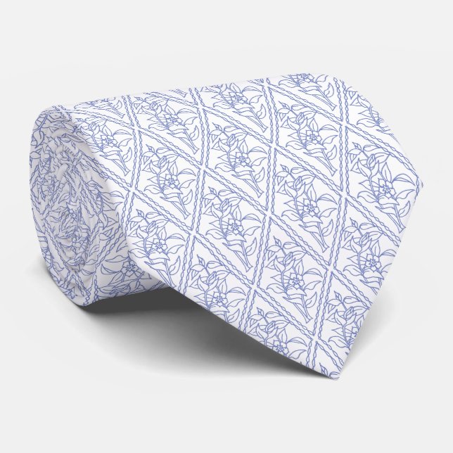 Chic Periwinkle Blue White Floral Diamond Pattern Tie (Rolled)