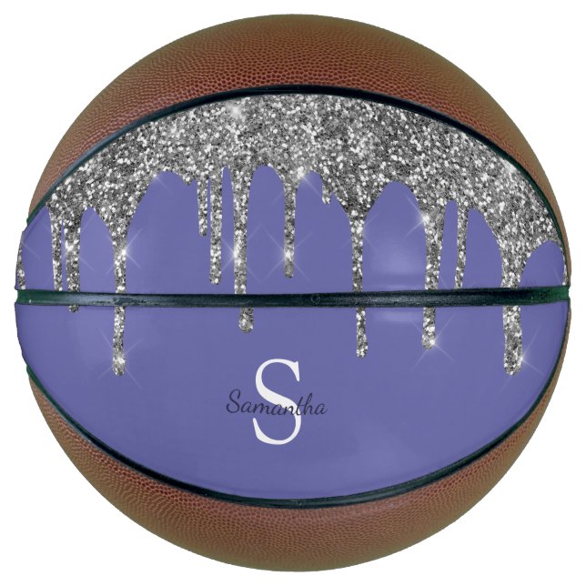 Chic Periwinkle Silver Glitter Drips Monogram Name Basketball (Front)