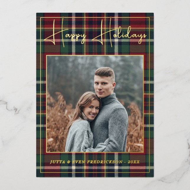 Chic Personalised Classic Plaid Pattern Gold Foil Holiday Card (Front)