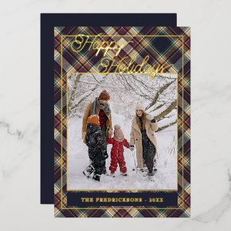 Chic Personalised Classic Plaid Pattern Gold Foil Holiday Card