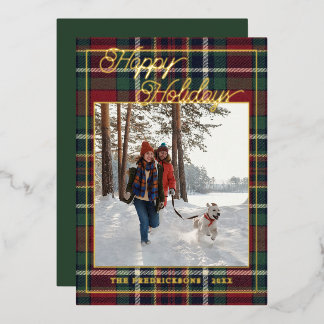 Chic Personalised Classic Plaid Pattern Gold Foil Holiday Card