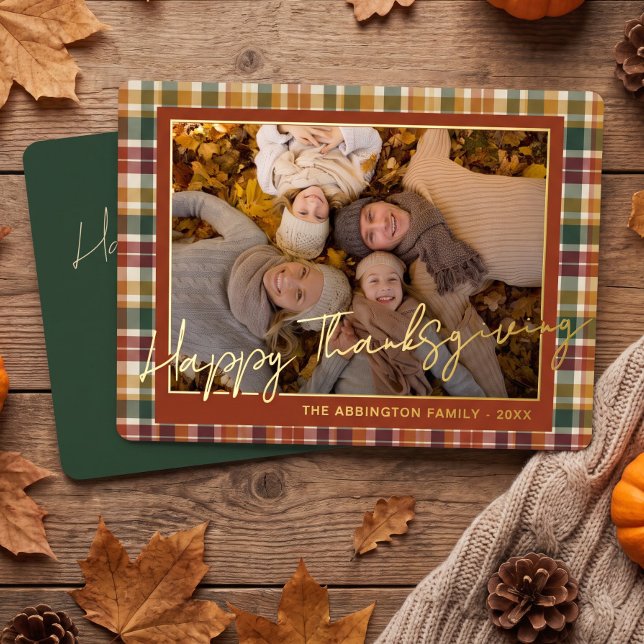 Chic Personalised Classic Plaid Pattern Gold Foil Holiday Card (Creator Uploaded)
