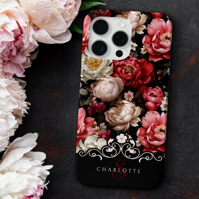 Chic Personalised Dark Peony Floral-Black Label Case-Mate iPhone Case (Creator Uploaded)