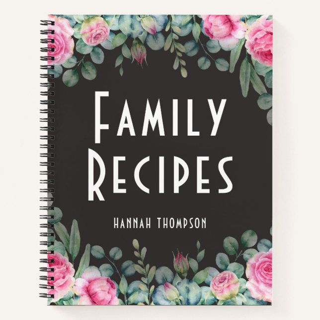 Chic Personalised Family Recipe Modern Pink Floral Notebook (Front)