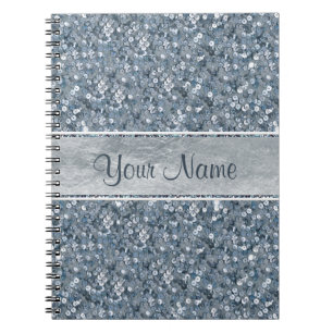 Chic Personalised Faux Blue Sequins Silver Foil Notebook