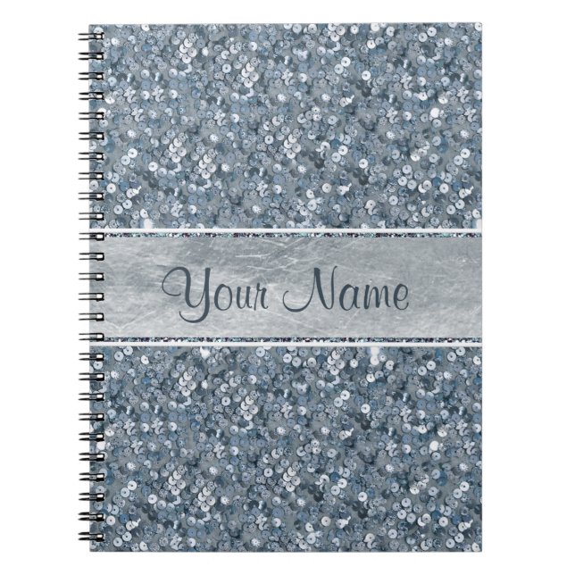 Chic Personalised Faux Blue Sequins Silver Foil Notebook (Front)
