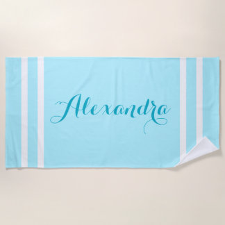 Chic Personalised Light Blue Striped Beach Towel