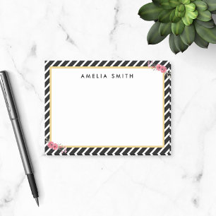Chic Personalised Name Black Stripes Pink Flowers Post-it Notes