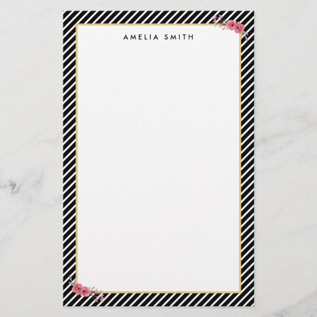 Chic Personalised Name Black Stripes Pink Flowers Stationery (Front)