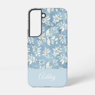 Chic Personalised Name/ Pastel Blue Leaf Motif Samsung Galaxy Case