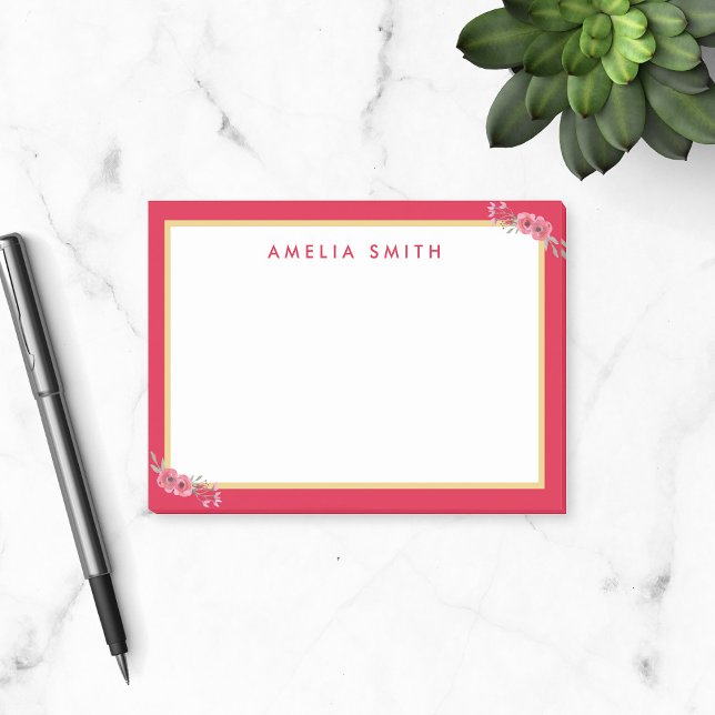 Chic Personalised Name Pink Border Pink Flowers Post-it Notes (Creator Uploaded)