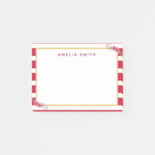 Chic Personalised Name Pink Stripes Pink Flowers Post-it Notes