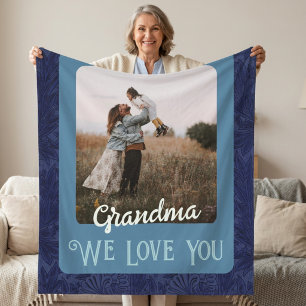 Chic Personalised Photo Text Grandma Gift Blue Fleece Blanket