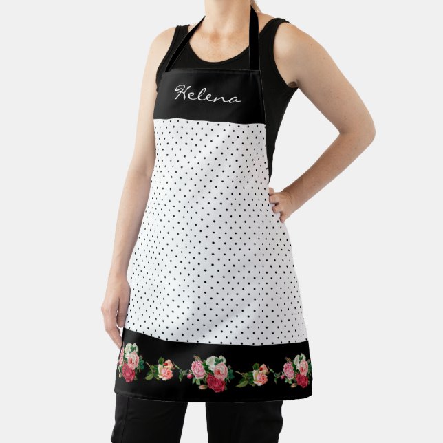 Chic Personalised Polka Dots with Rose Border Apron (Insitu)