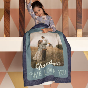 Chic Personalized Photo Text Grandma Gift Blue Fleece Blanket