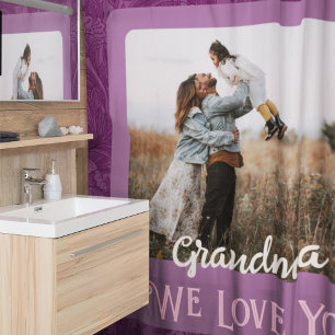 Chic Personalized Photo Text Grandma Gift Red Shower Curtain