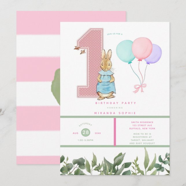Chic Peter Rabbit Girl 1st Birthday Party  Invitation (Front/Back)