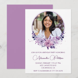 Chic Photo 22nd birthday invitation Floral Purple