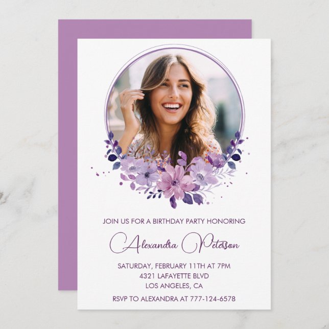 Chic Photo 37th birthday invitation Floral Purple (Front/Back)